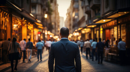 backside of Senior man walking in the street business district background. 