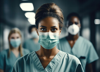 Fototapeta na wymiar Medical workers in the hospital wearing face masks, Confident group nurse or doctor.