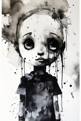 abstract painting of creepy horror doll. watercolor design. generative AI