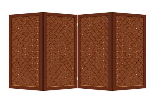 Brown folding screen with basketweave pattern. Vector four-leaf wooden object on white background. Interior item for dividing a room. Vintage paravan with wicker walls for changing clothes and toilet