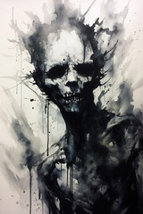 abstract painting of creepy horror monster in watercolor, black and white. Generative AI