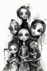 abstract painting of creepy horror puppet family in watercolor, black and white. Generative AI