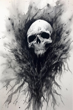 abstract painting of creepy skull in watercolor, black and white. Generative AI