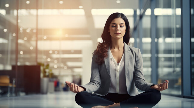 Young businesswoman does yoga at work in the office. Created with Generative AI technology.