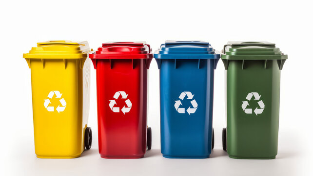 photograph of Yellow, Green, Blue and Red recycle bins with recycle symbol isolated on white,generative ai
