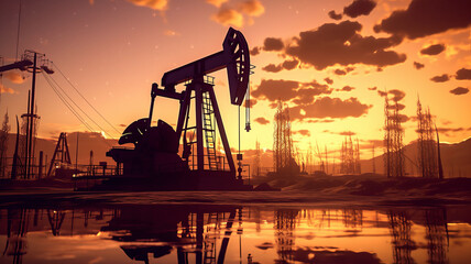 photograph of Silhouette of Crude oil pumpjack rig on desert silhouette in evening sunset, energy industrial machine for petroleum gas production. generative ai