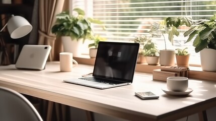 Laptop computer on table in minimal room with green garden view background.