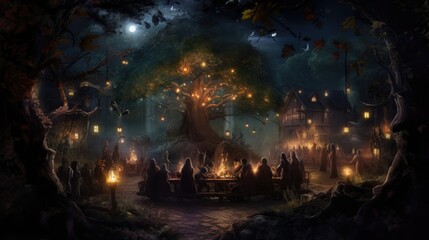 A hidden grove alive with mystical energy as witches come together for a secret Halloween gathering