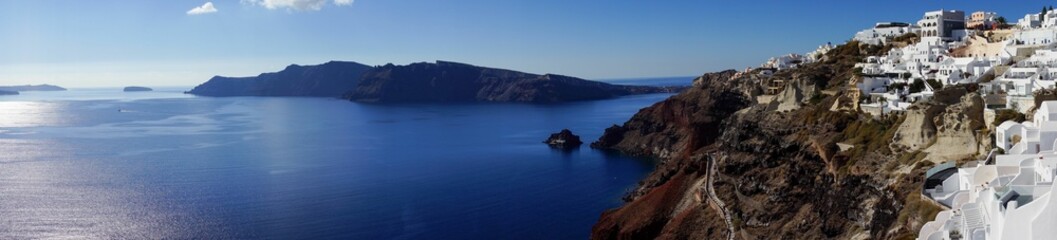 Panoramic shot of the volcanic crater and Santorini, Greece.