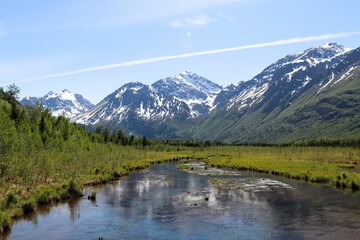 Landscape of a river surrounded by snowy mountains and greenery