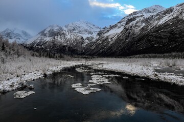 Landscape of a river surrounded by snowy mountains under a cloudy sky