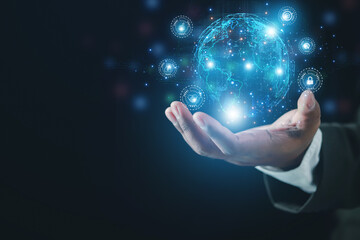 Businessman presenting futuristic business world metaverse graphic. In the form of innovation in digital business processing technology, innovation