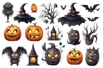 Cartoon set of isolated halloween elements on a white background a witch on a broomstick, bones, a pumpkin, a vampire, a ghost, a cauldron with a potion, a zombie.