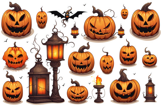 Cartoon set of isolated halloween elements on a white background a witch on a broomstick, bones, a pumpkin, a vampire, a ghost, a cauldron with a potion, a zombie.