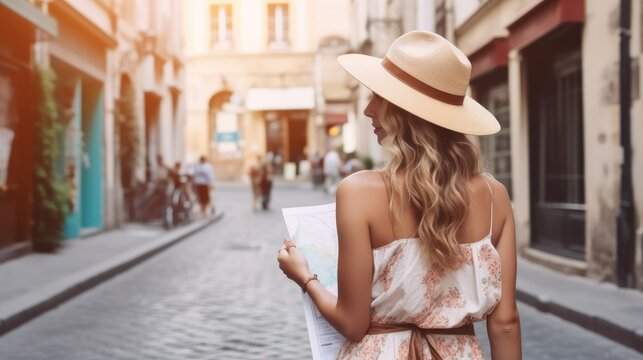 Back view of Tourist woman with hat at vacation on the street, Travel concept.
