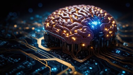 Brain surrounded by circuitry on a dark circuit board background. Ai generated.