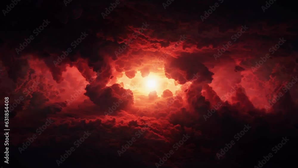 Poster 3d rendered animation of a dark red portal surrounded by big red clouds
