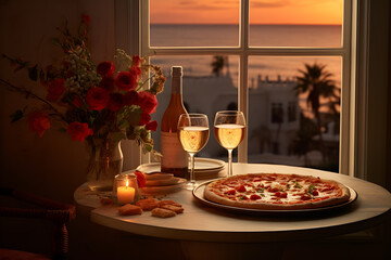 Fototapeta premium Pizza with tomatoes and bazil romantic landscape