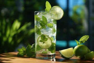 Gin tonic alcoholic cocktail with ice and mint. Cocktail drinks served at resort, pool or bar.