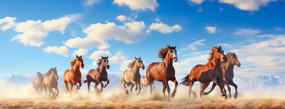 Group of young horses on the pasture againt blue sky