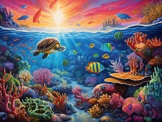 Obraz na płótnie Canvas Wall art depicting a breathtaking underwater world teeming with majestic sea turtles and marine life generative ai