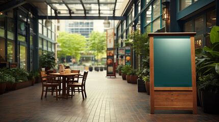 Green board with wood frame on the Right of a Shopping mall interior street with empty table and glass roof with morning light without people - AI generated - obrazy, fototapety, plakaty
