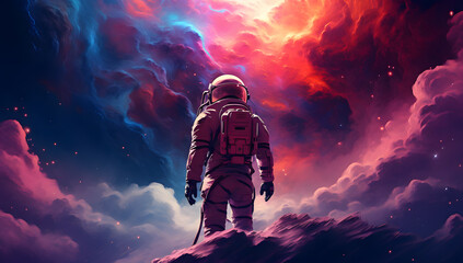 Astronaut wearing helmet and flying over pink clouds, in style of neon color palette