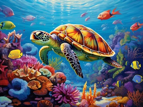 Wall art depicting a breathtaking underwater world teeming with majestic sea turtles and marine life generative ai