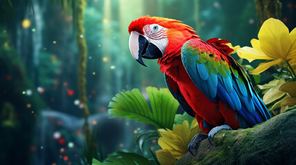 Colorful portrait of Amazon red macaw parrot against jungle. Side view of wild ara parrot head on green background. Wildlife and rainforest exotic tropical birds as popular pet breeds - obrazy, fototapety, plakaty
