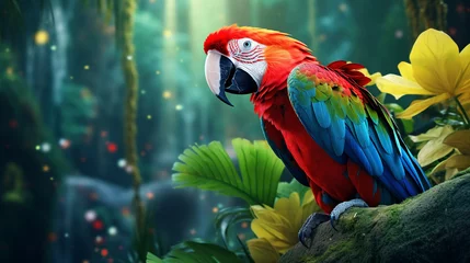 Foto op Plexiglas Colorful portrait of Amazon red macaw parrot against jungle. Side view of wild ara parrot head on green background. Wildlife and rainforest exotic tropical birds as popular pet breeds © petrrgoskov