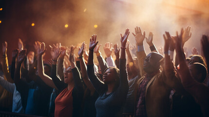 Hands raised in prayer during a special moment of worship, Church Conference, banner  - obrazy, fototapety, plakaty