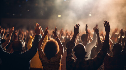 Hands raised in prayer during a special moment of worship, Church Conference, banner - obrazy, fototapety, plakaty