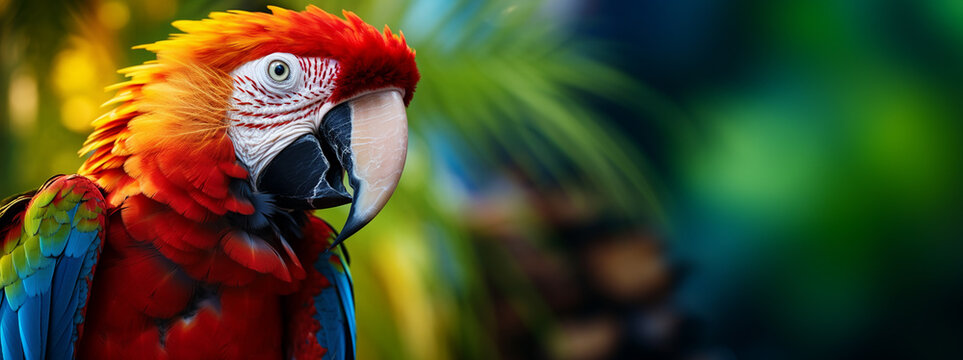 Colorful portrait of Amazon red macaw parrot against jungle. Side view of wild ara parrot head on green background. Wildlife and rainforest exotic tropical birds as popular pet breeds - Powered by Adobe