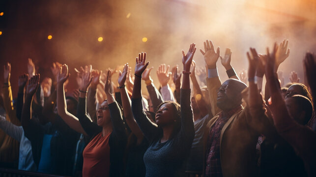 Hands raised in prayer during a special moment of worship, Church Conference, banner 