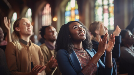 A diverse group of worshipers singing in unity, Church Conference, banner Generative AI