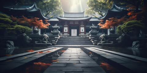 AI Generated. AI Generative. Traditional history asian Japanese Chinese temple building tower garden nature outdoor background. Graphic Art
