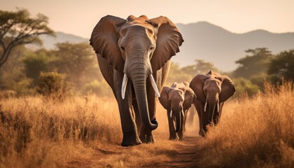 Fototapeta na wymiar Photo of a majestic herd of elephants walking along a dusty road in the wilderness