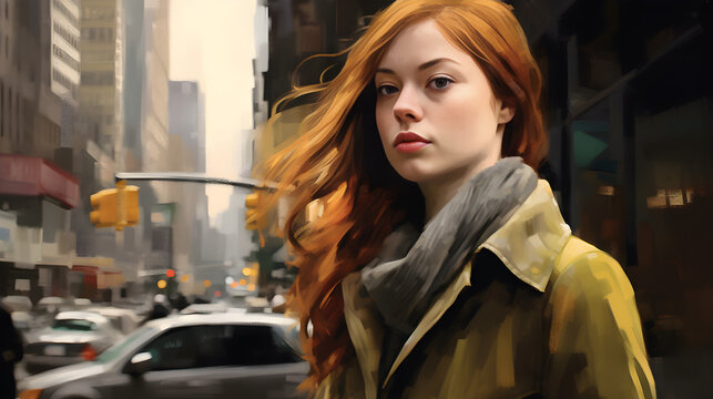 Digital art of a girl with red hair in a city area - Generative AI
