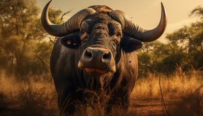 Photo of a powerful buffalo with majestic horns in a serene field