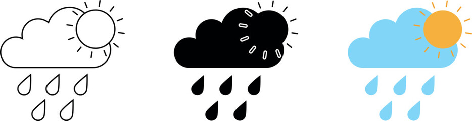 Cloud with rain and sun different style icon set. Line, glyph and filled outline colorful version. Vector ilustration