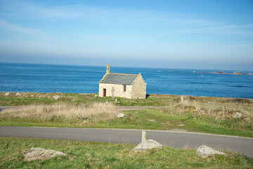 Saint-Samson Chapel, Landunvez city, Breton coast, France, sunny afternoon, distant view