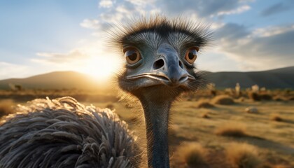 Photo of an ostrich, closeup, behind sun - obrazy, fototapety, plakaty
