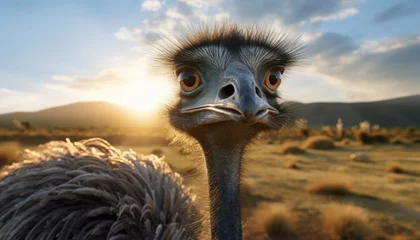 Wandcirkels aluminium Photo of an ostrich, closeup, behind sun © Anna