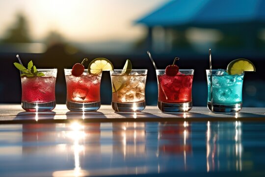 Mix Of Cocktails By The Pool. Vacation And Holiday Resort Concept With Refreshment Drinks