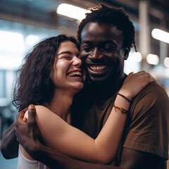 Portrait of a young happy couple (chocolate man and fair-skinned woman). Generative ai.