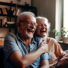 Elderly couple (white man and woman) laughing happily and hugging. Portrait. Living room, people sit on the sofa. Generative ai.