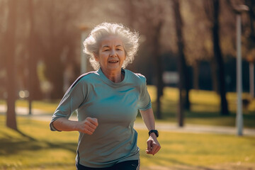 A woman aged jogging in the park. Morning. Portrait. Generative ai.