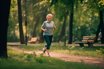 A woman aged jogging in the park. Morning. Generative ai.