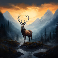 Deer in mist forest in sunrise, style of digital illustration