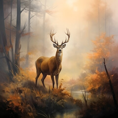 Deer in mist forest in sunrise, style of digital illustration